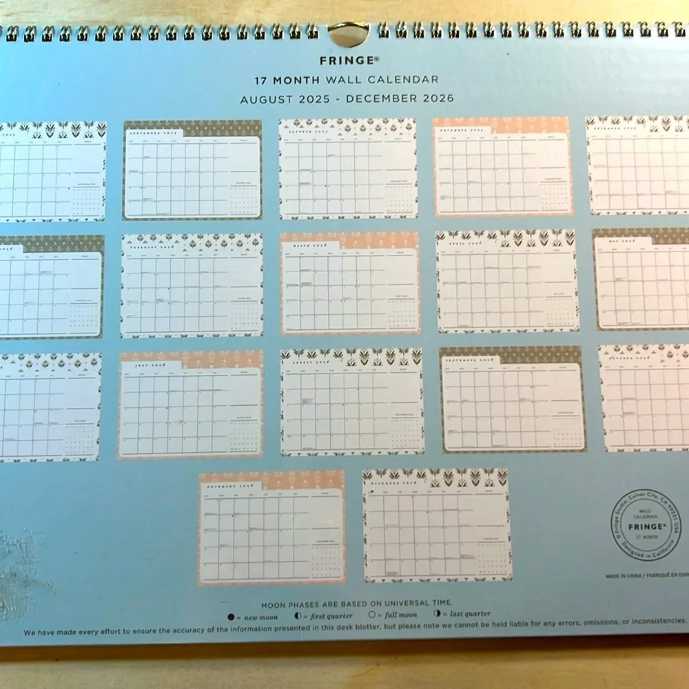 NWT Fringe Studio Elegant Gold and Cream Wall Calendar 17 Months